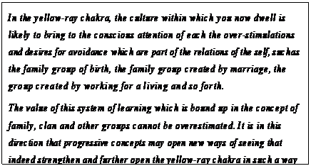 eLXg {bNX: In the yellow-ray chakra, the culture within which you now dwell is likely to bring to the conscious attention of each the over-stimulations and desires for avoidance which are part of the relations of the self, such as the family group of birth, the family group created by marriage, the group created by working for a living and so forth.
The value of this system of learning which is bound up in the concept of family, clan and other groups cannot be overestimated. It is in this direction that progressive concepts may open new ways of seeing that indeed strengthen and further open the yellow-ray chakra in such a way as to improve the orientation towards the green-ray energy center and that tremendous shift of energy which may come as the heart opens.65
