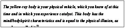 eLXg {bNX: The yellow-ray body is your physical vehicle, which you know of at this time and in which you experience catalyst. This body has the mind/body/spirit characteristics and is equal to the physical illusion, as you have called it.72