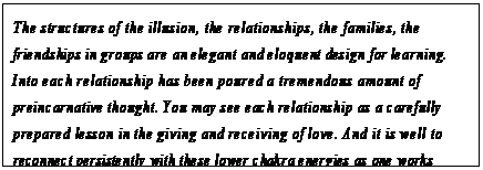 eLXg {bNX: The structures of the illusion, the relationships, the families, the friendships in groups are an elegant and eloquent design for learning. Into each relationship has been poured a tremendous amount of preincarnative thought. You may see each relationship as a carefully prepared lesson in the giving and receiving of love. And it is well to reconnect persistently with these lower chakra energies as one works within clear communication, the reading of material, and all of the